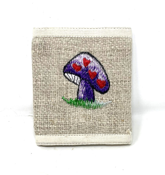 Pure Hemp Handmade Trifold Wallet Embroidered Purple Mushroom with Red Hearts
