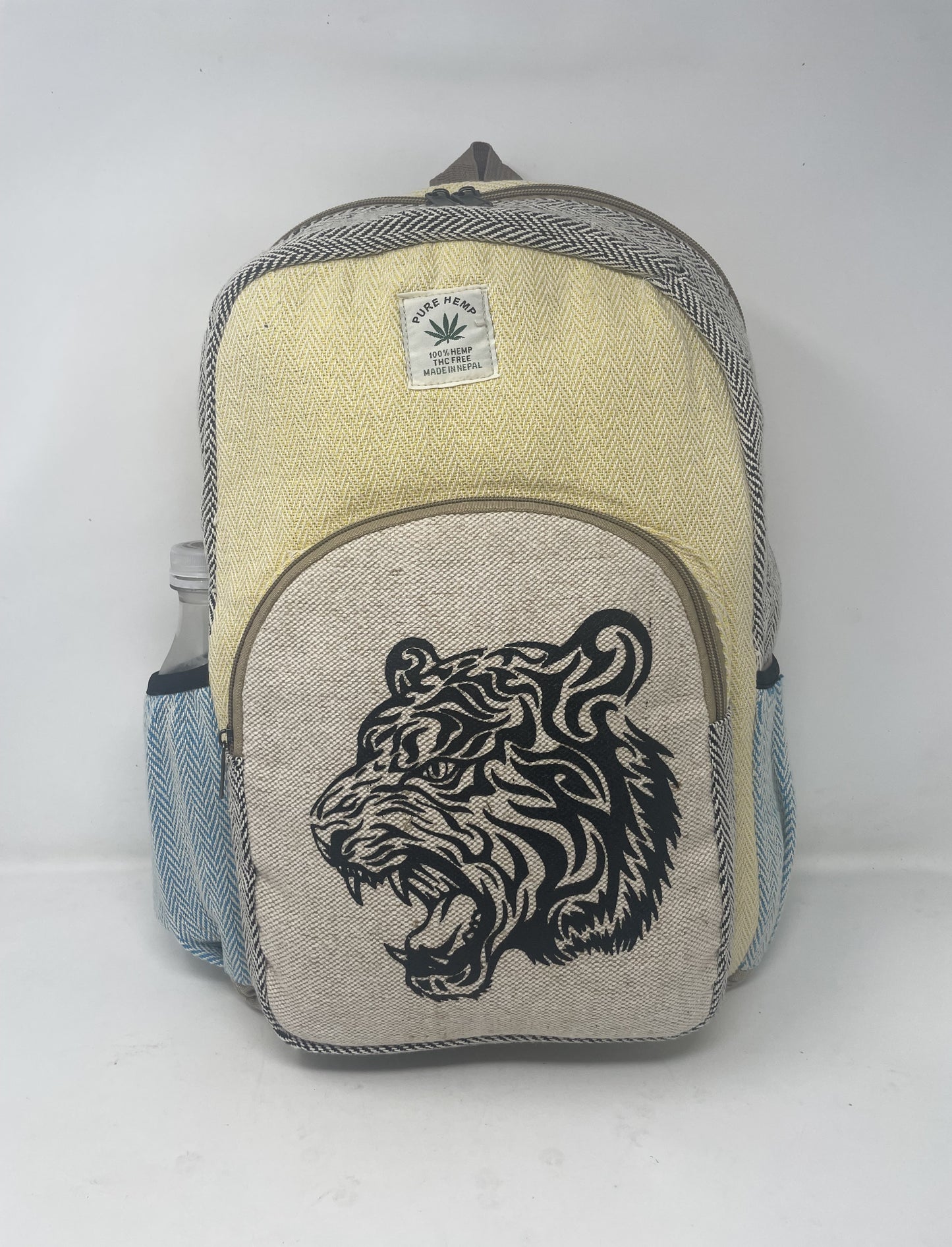 Large All Natural Pure Hemp Multi Pockets Laptop Backpack - Tiger Design