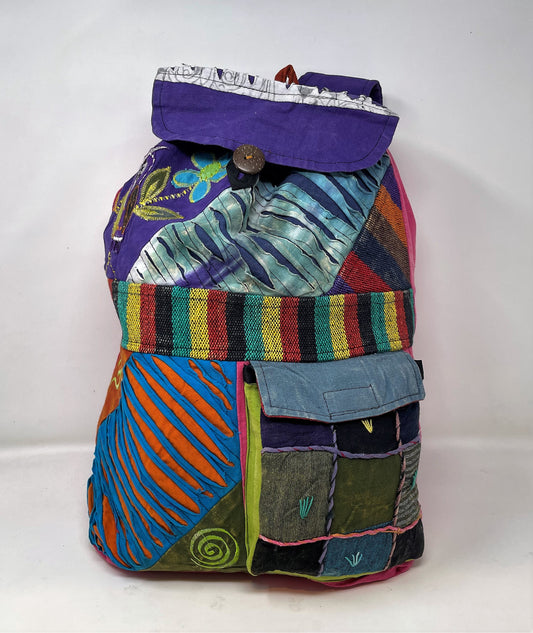 Cotton Boho Large Backpack Bag - Rasta Colors Band, Patch work