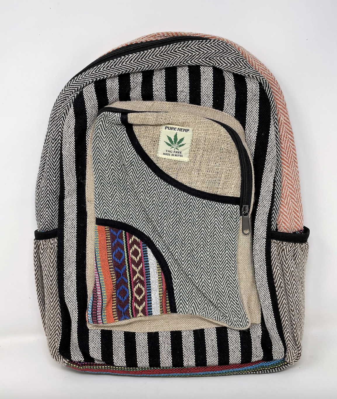 Large Multi Pocket Hemp Backpack - Black & White Stripes