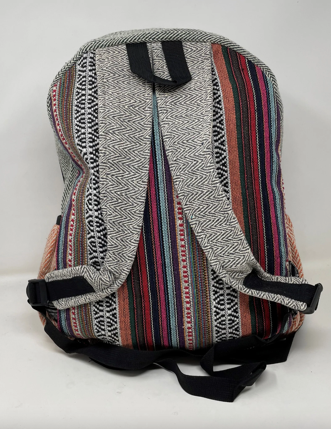 Large Multi Pocket Hemp Backpack - Black & White Stripes