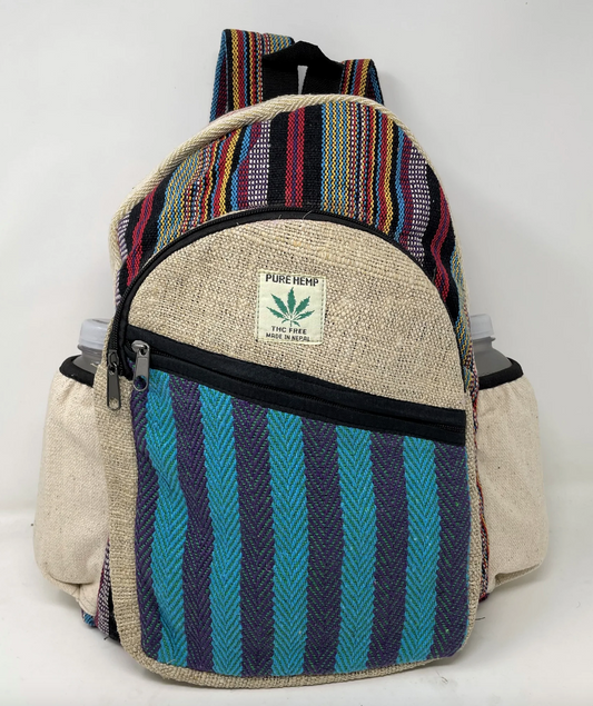 Large Multi Pocket Hemp Backpack - Blue Stripes
