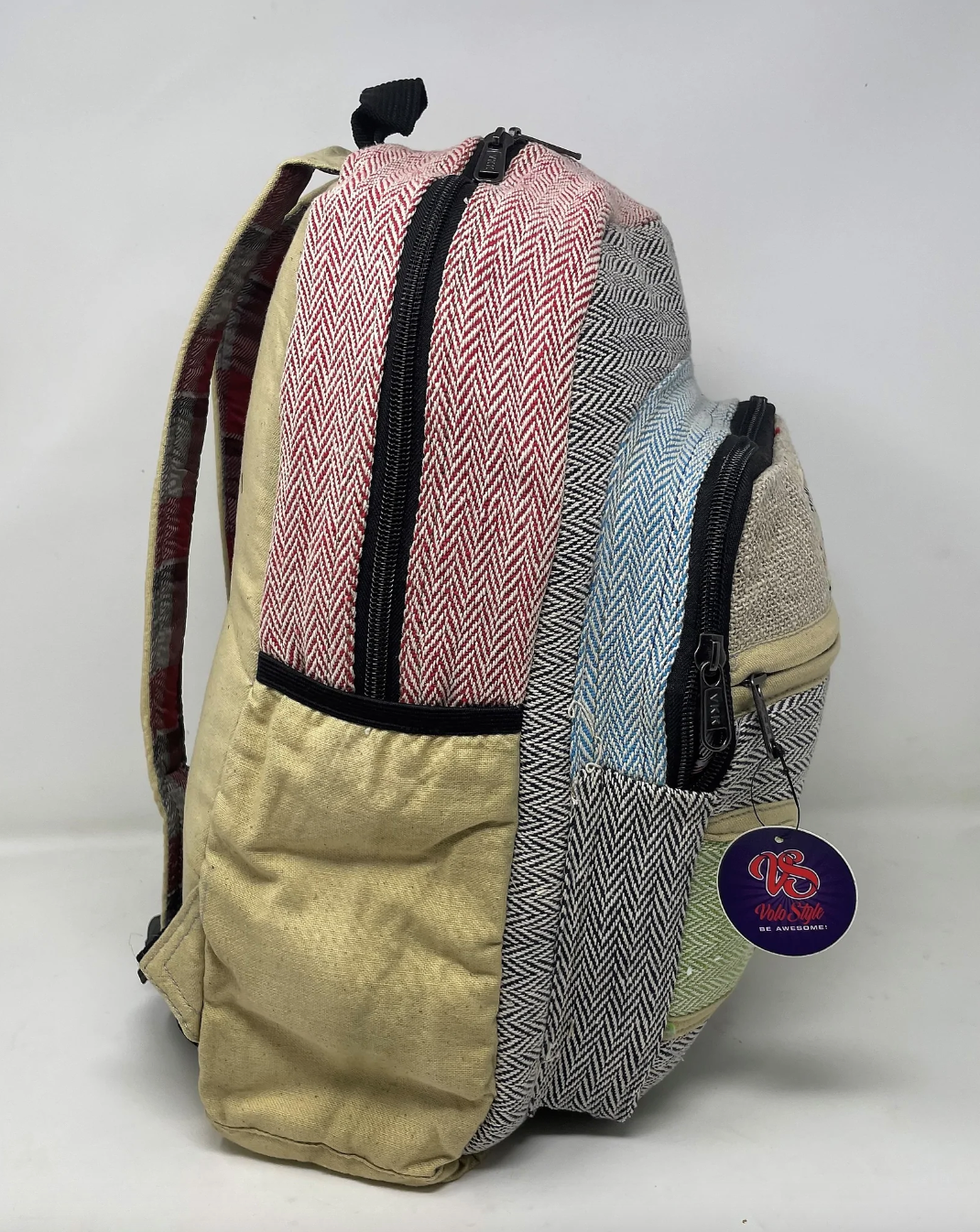Large Multi Pocket Hemp Backpack - Multi Color Chevron