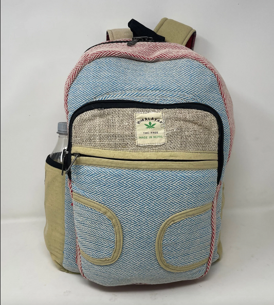 Large Multi Pocket Hemp Backpack - Blue & Yellow Chevron