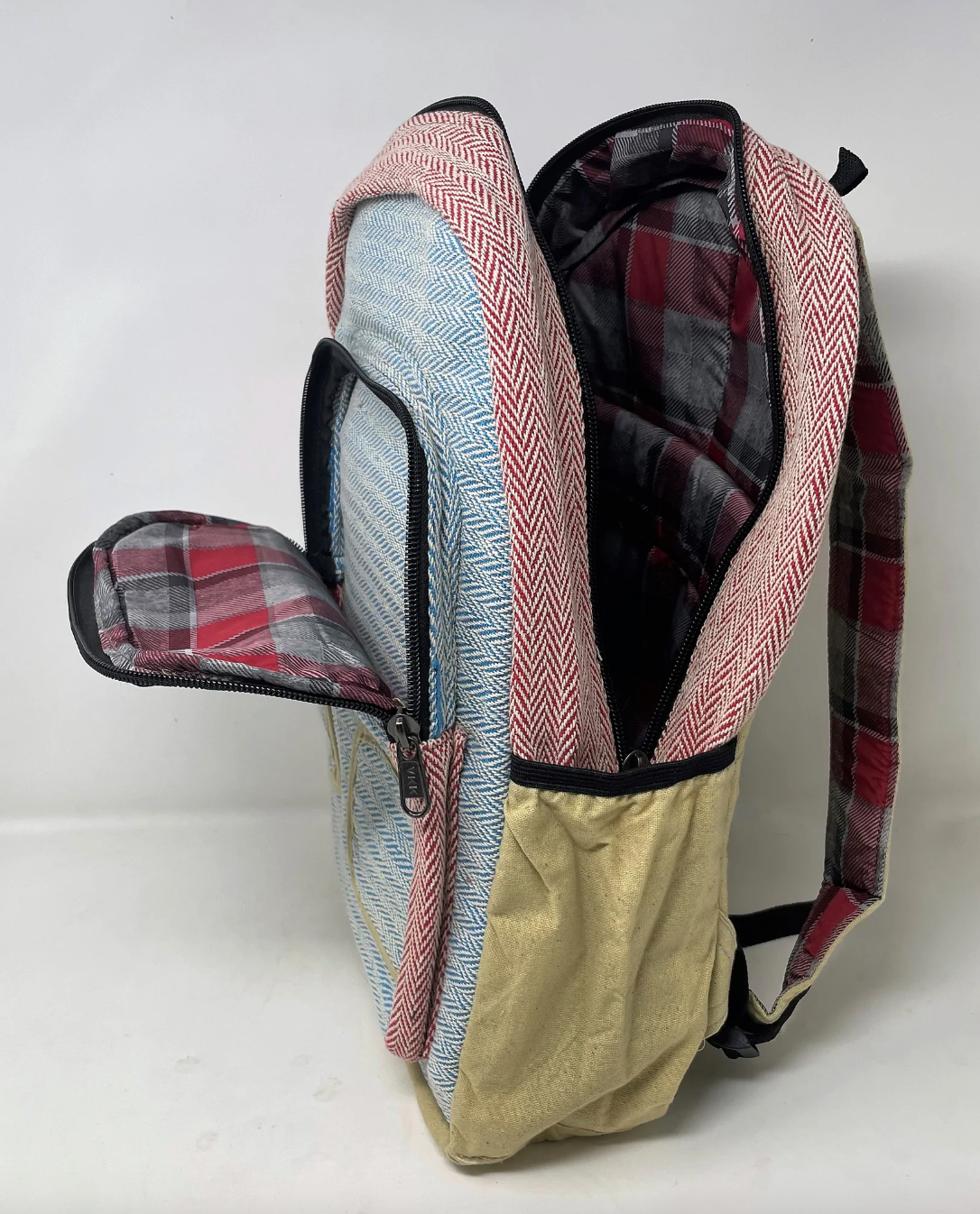 Large Multi Pocket Hemp Backpack - Blue & Yellow Chevron