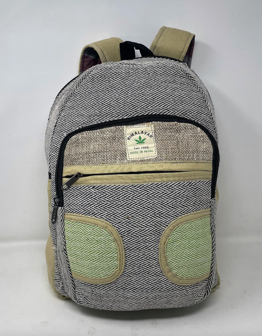 Large Multi Pocket Hemp Backpack - Black & Green Chevron